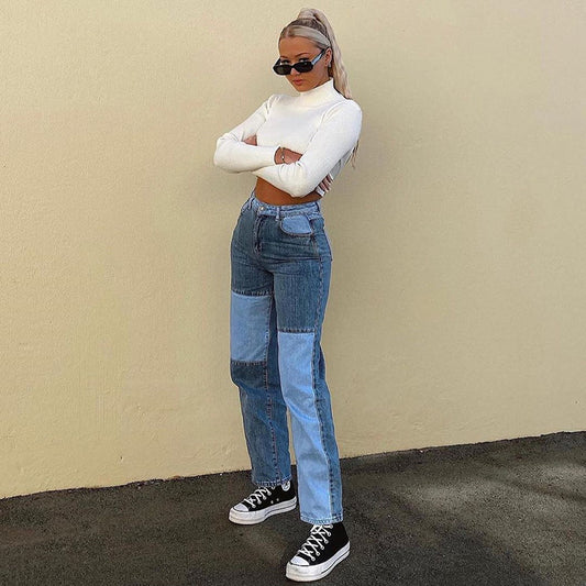 Contrasting  High-rise Straight-leg Jeans