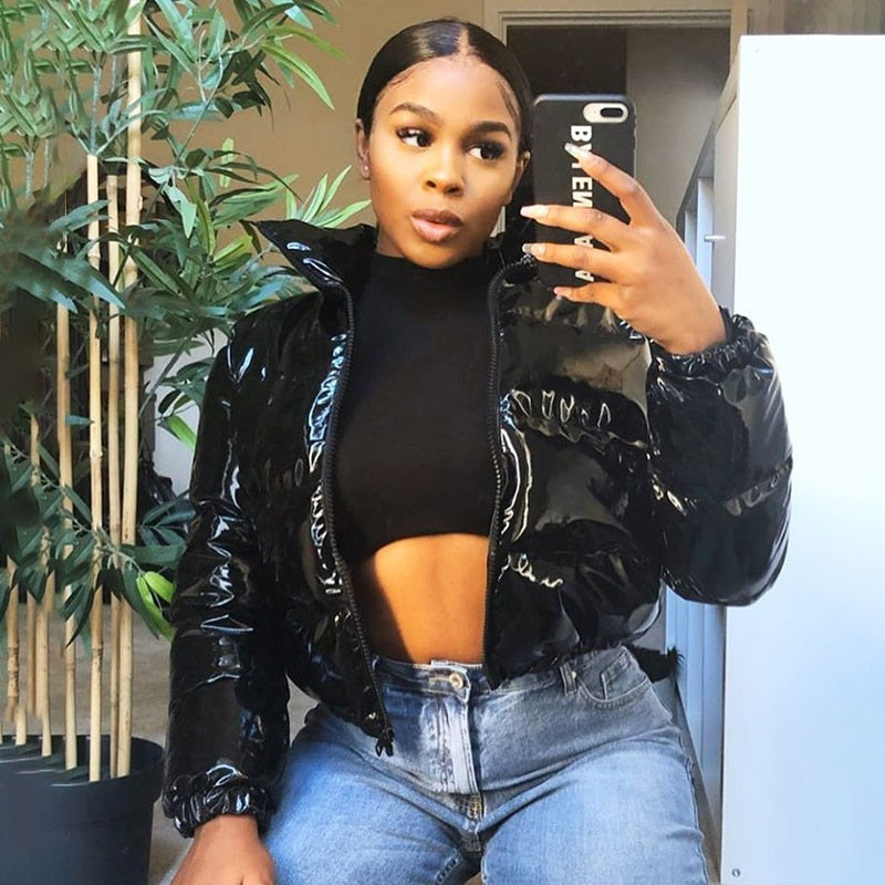 Faux PU Leather Y2K Bubble Puffer Jacket