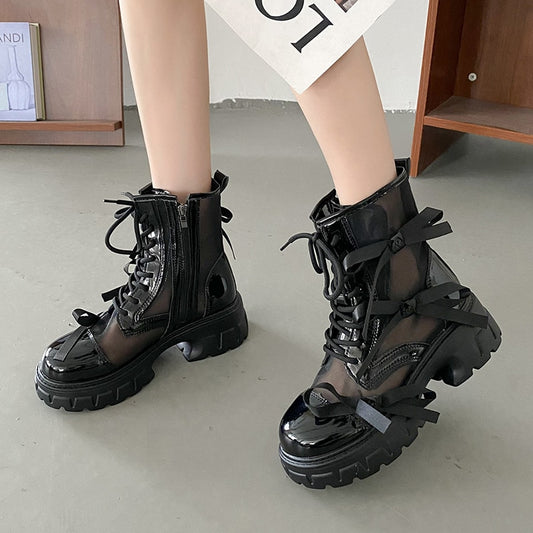 Mesh Motorcycle Platform Ankle Boots