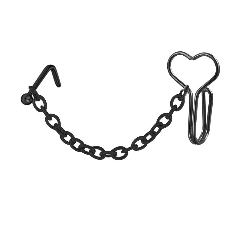 Double Heart Nose Chain Cuff Piercing