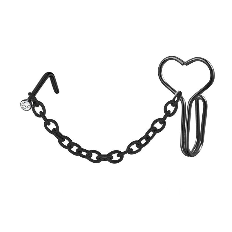 Double Heart Nose Chain Cuff Piercing