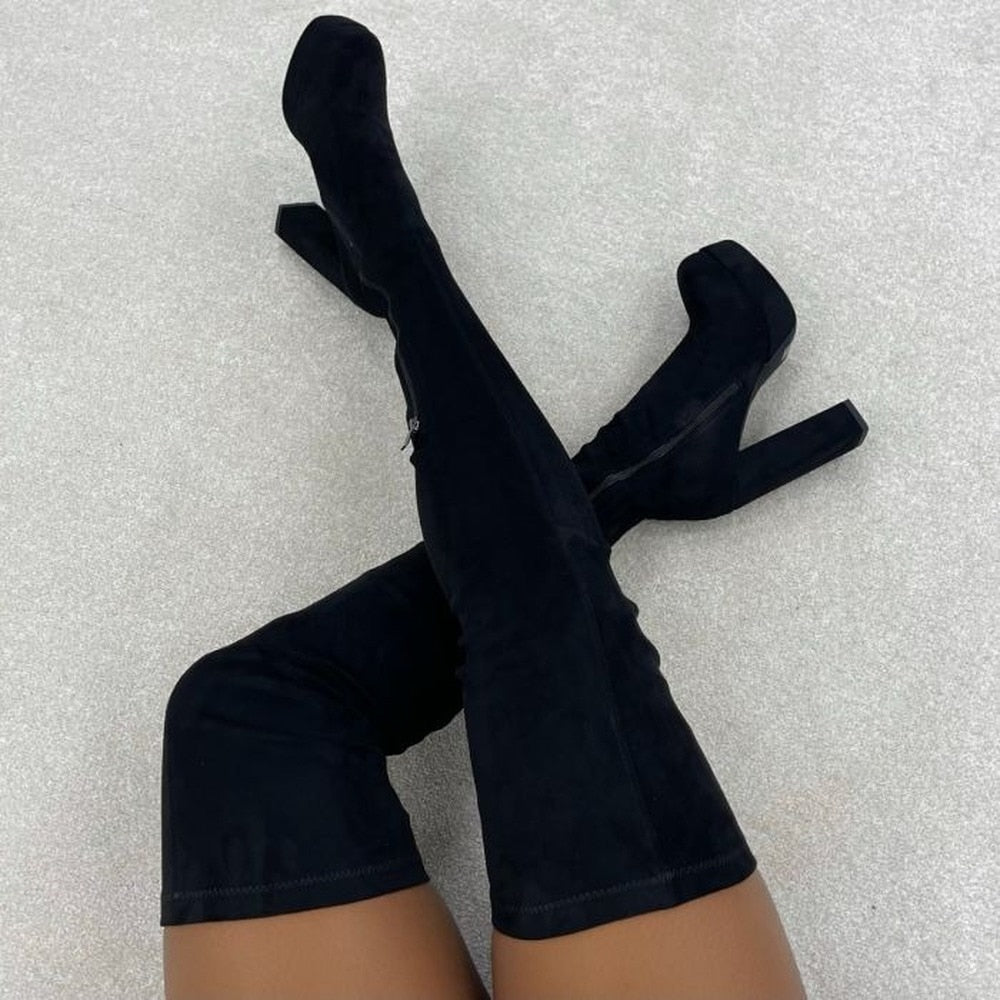 Thigh High Double Platform Block Heel Boots