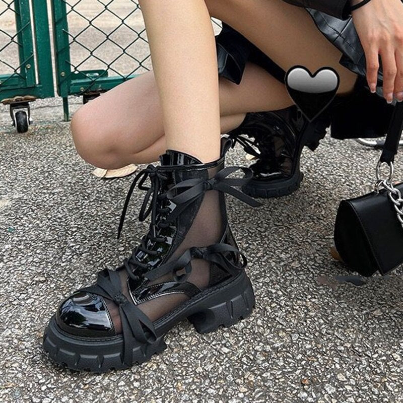 Mesh Motorcycle Platform Ankle Boots