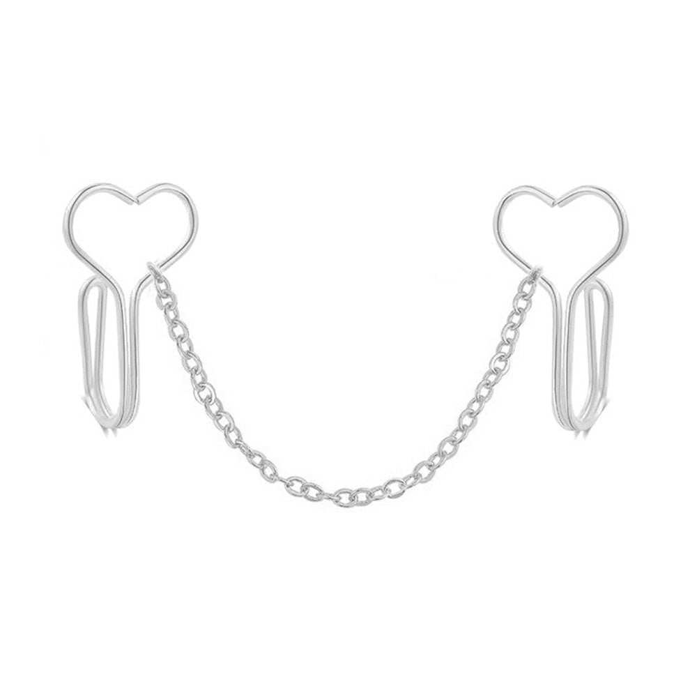 Double Heart Nose Chain Cuff Piercing