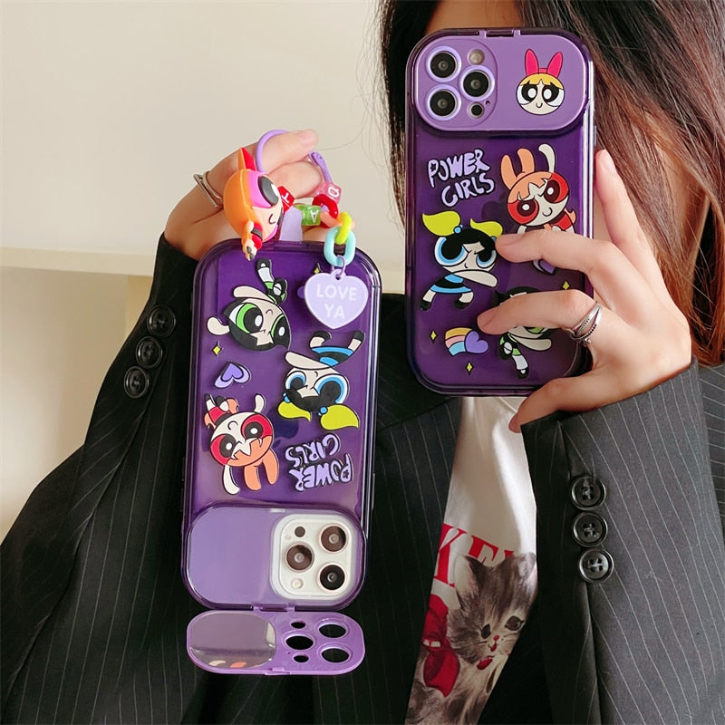 PowerPuff Girls Cute Cartoon Pendant Flip Mirror Phone Case