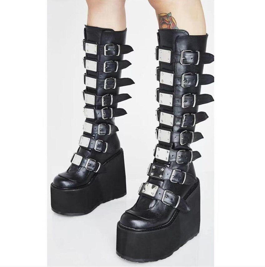 Platform Grunge Mid Calf Buckle Boots
