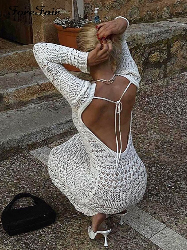Backless Y2k Summer Crochet Long Sleeve Midi Dress