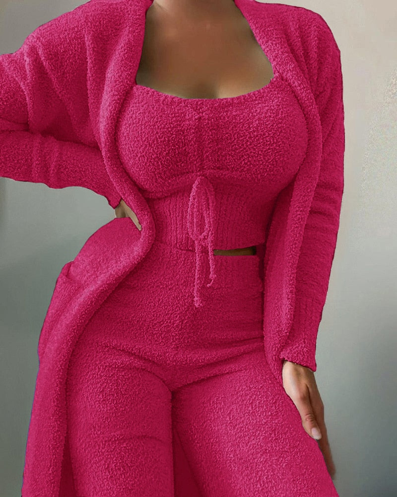 Crop Top 3 Piece Fuzzy Sleepwear suit
