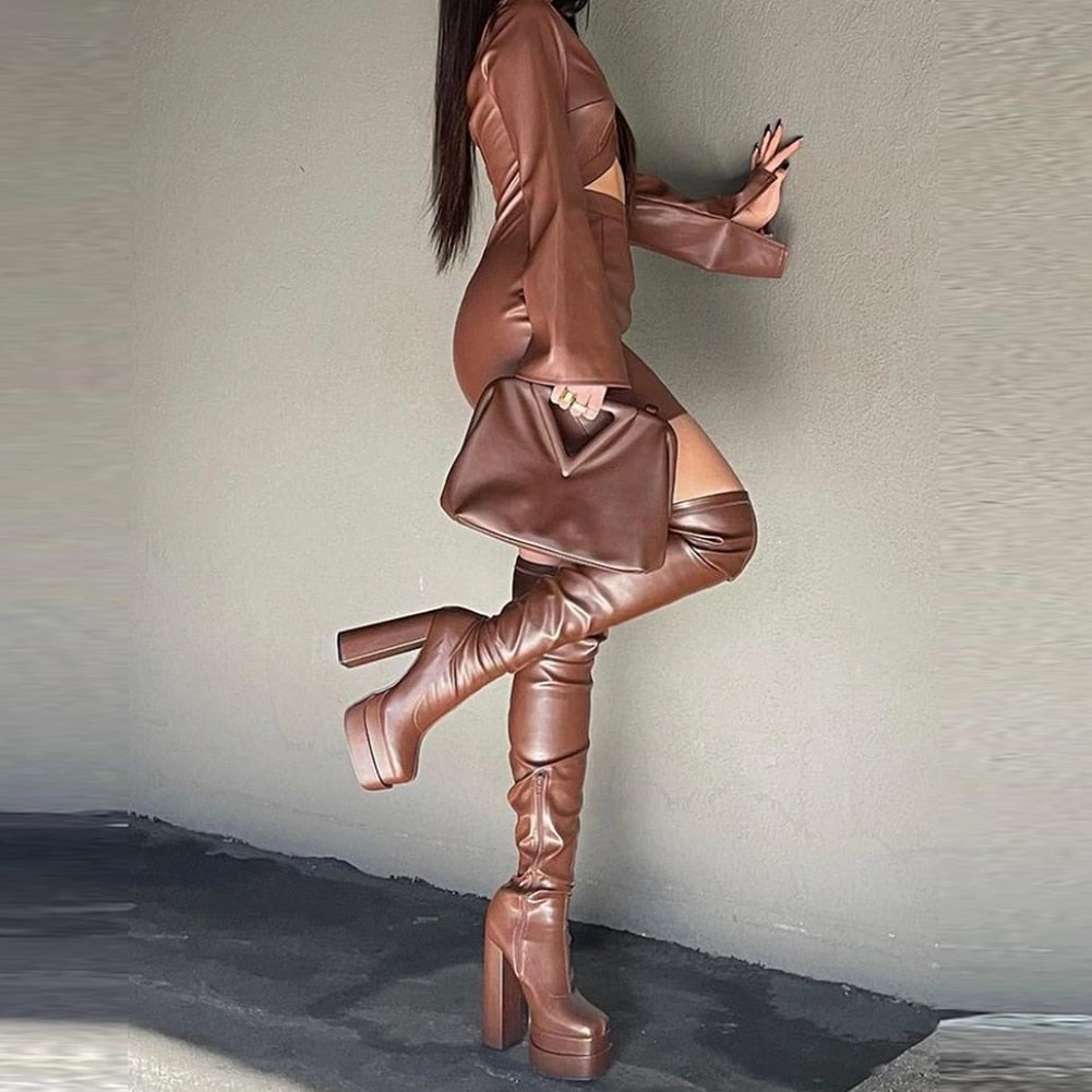 Thigh High Double Platform Block Heel Boots