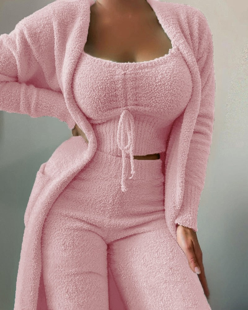 Crop Top 3 Piece Fuzzy Sleepwear suit