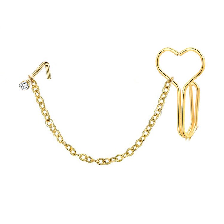 Double Heart Nose Chain Cuff Piercing