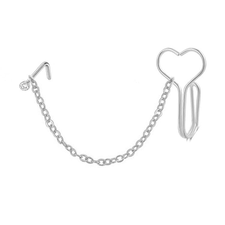 Double Heart Nose Chain Cuff Piercing