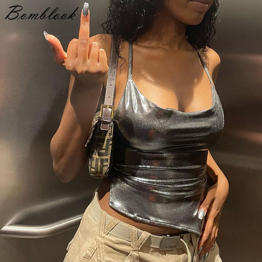 Solid Color Shiny Bodycon Sexy Y2K Style Vest Top