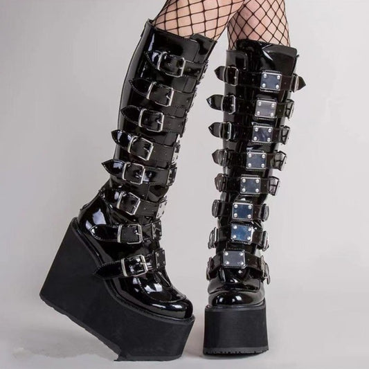 Platform Grunge Mid Calf Buckle Boots