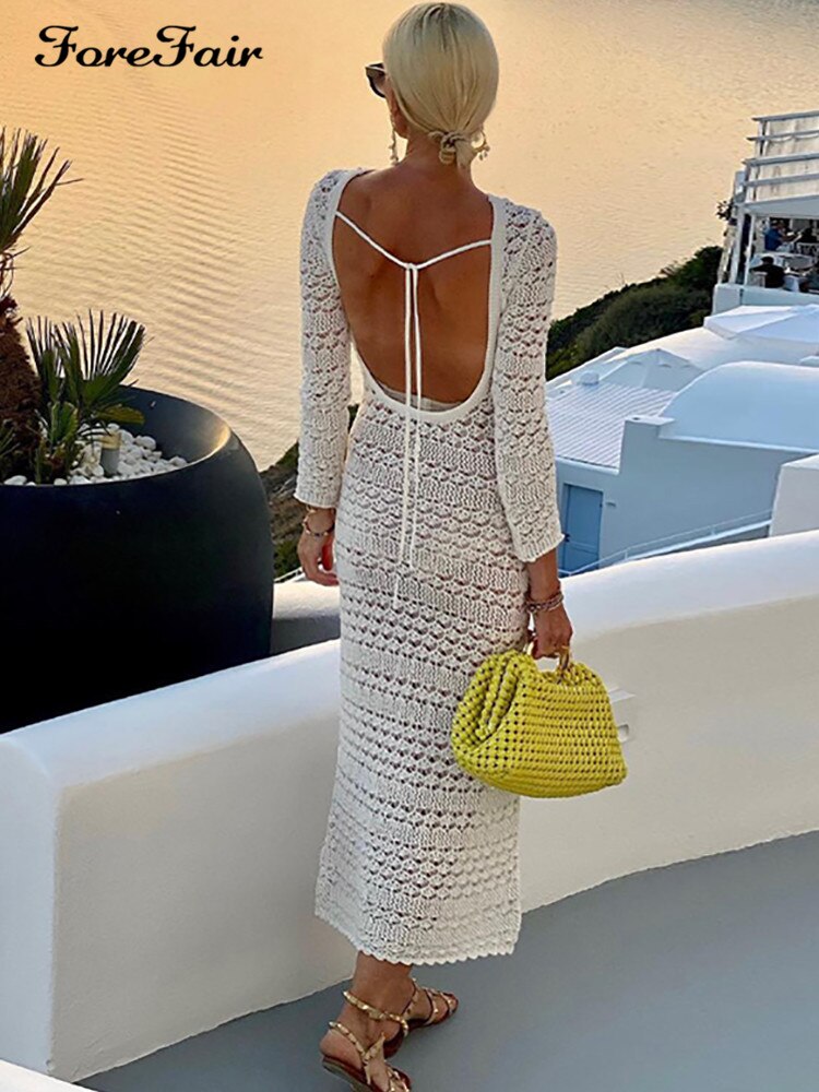 Backless Y2k Summer Crochet Long Sleeve Midi Dress