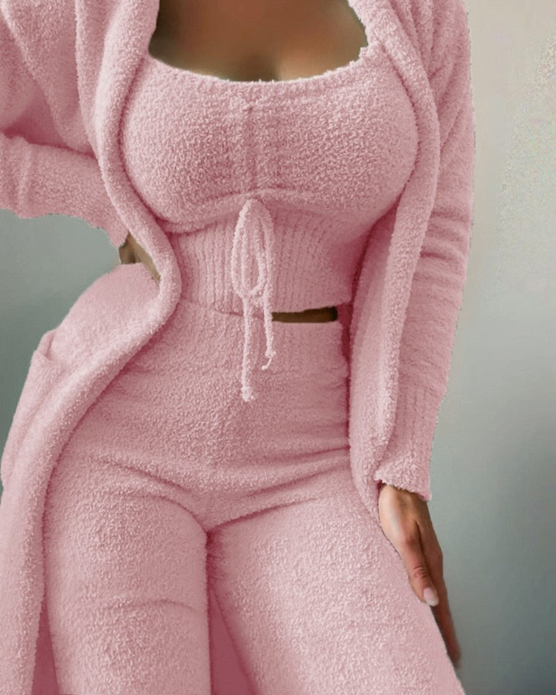 Crop Top 3 Piece Fuzzy Sleepwear suit