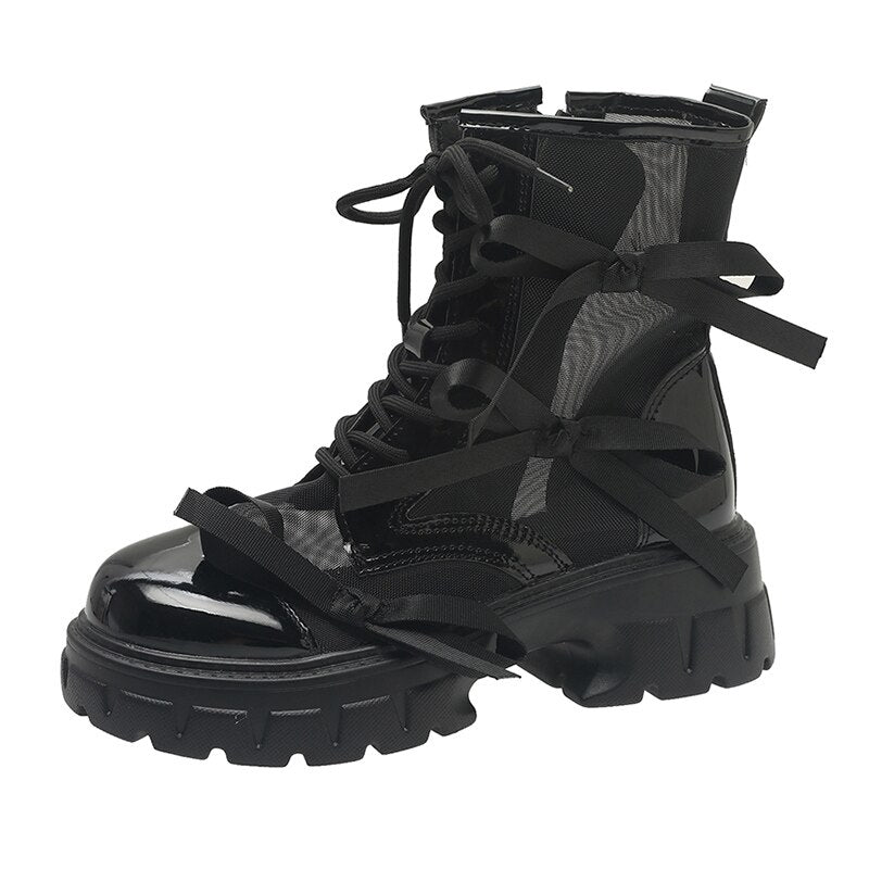 Mesh Motorcycle Platform Ankle Boots