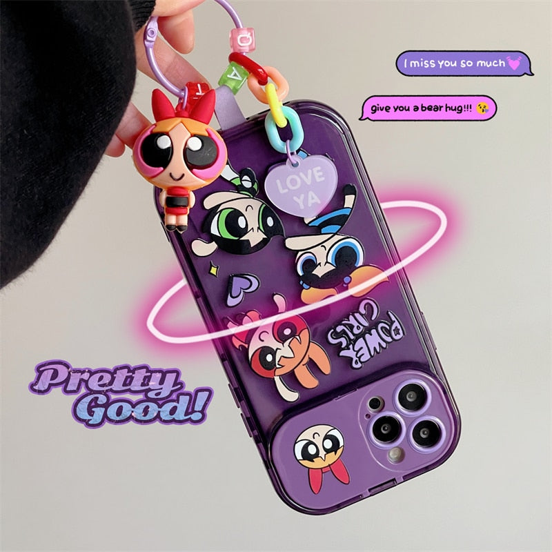 PowerPuff Girls Cute Cartoon Pendant Flip Mirror Phone Case