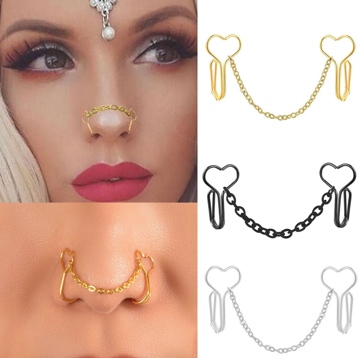 Double Heart Nose Chain Cuff Piercing