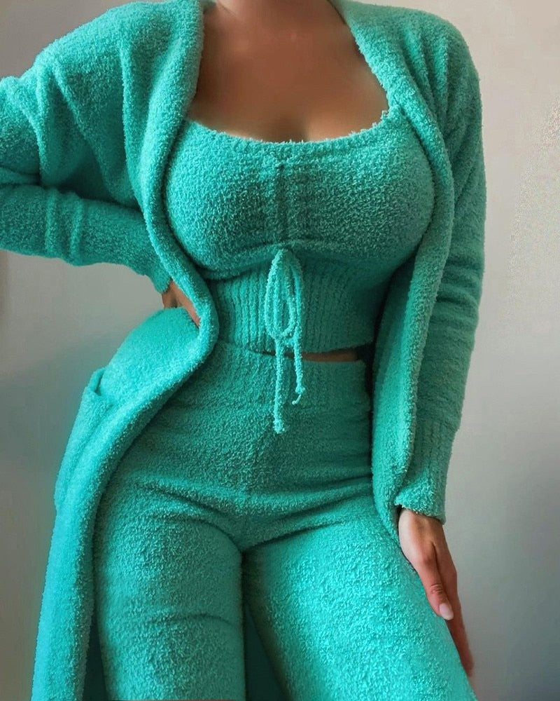 Crop Top 3 Piece Fuzzy Sleepwear suit