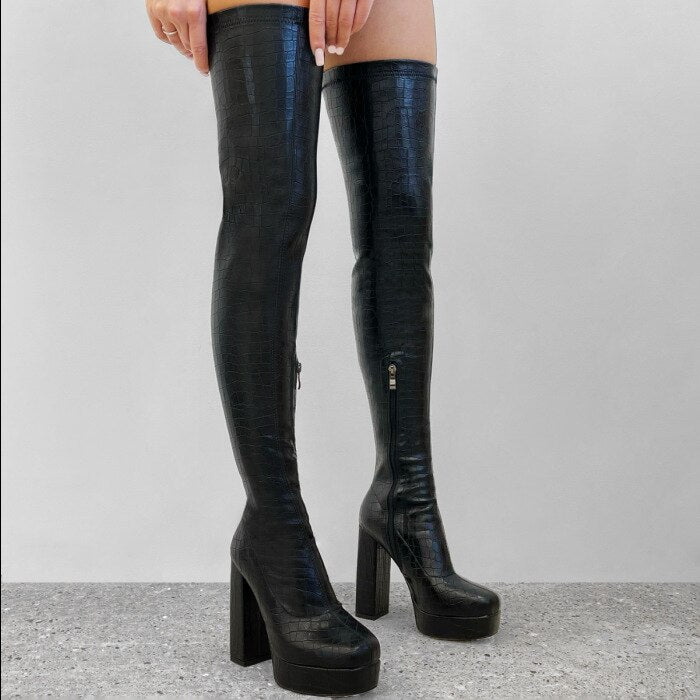 Thigh High Double Platform Block Heel Boots